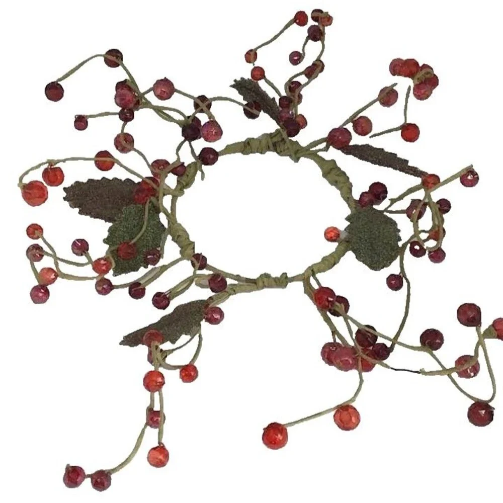 Burgundy Berry Green Leaves Wreath Candle Ring Rustic Wire Red Country Folk Art